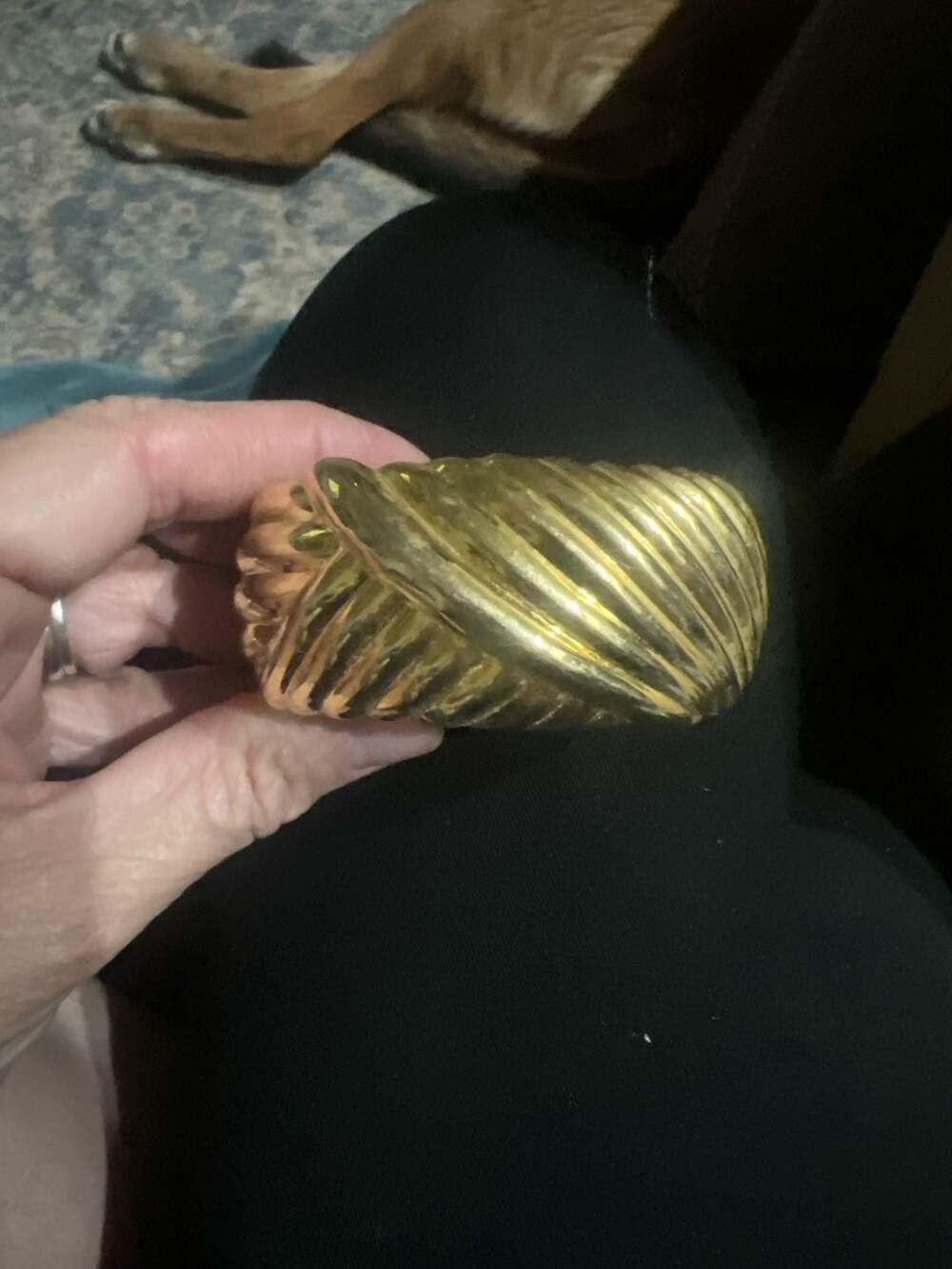 Vintage Gold Tone Ribbed Crossover Shrimp Style Cuff Bracelet